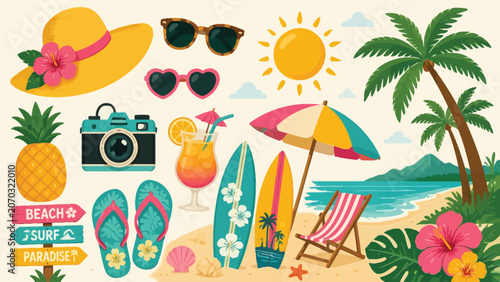 Colorful tropical beach scene with palm trees surfboards sun sunglasses camera cocktail beach chair hat and flower decorations for vacation mood