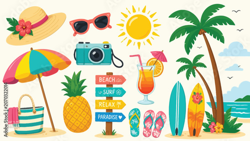Vibrant summer beach vacation scene with palm trees colorful umbrellas pineapple sunglasses camera tropical drinks flip flops