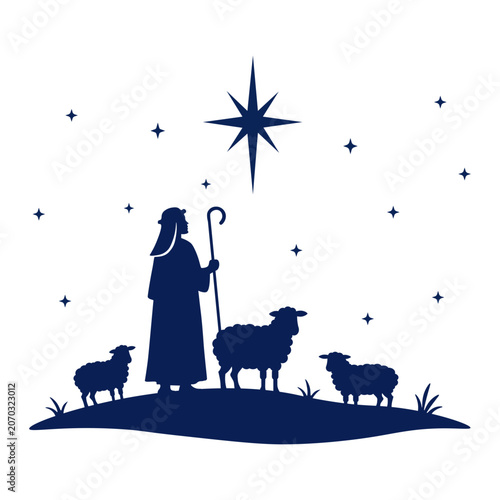 Fotografía Shepherd with sheep under Bethlehem star. vector illustration