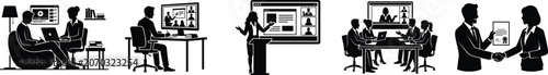Online Education and Business Training Icon Set Flat Vector Silhouette Remote Meeting Graphics