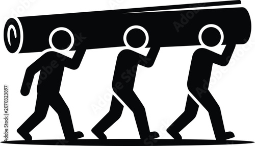 Tableau sur toile Three workers carrying a large heavy carpet roll together in silhouette