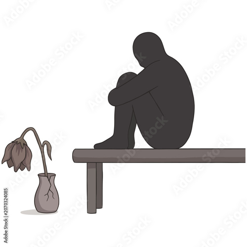 Valokuva Sad person silhouette sitting alone on a bench next to a withered dead flower