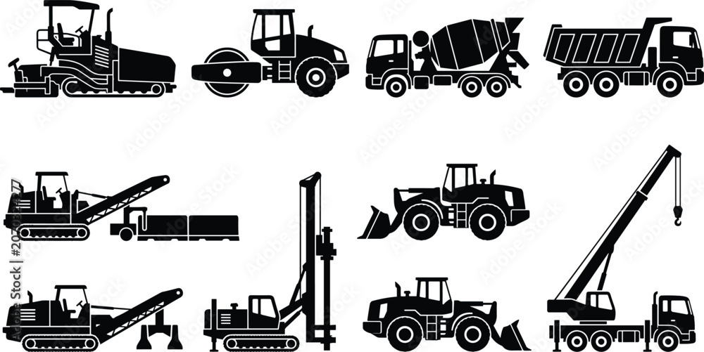 Obraz premium Heavy Construction Machinery Silhouette Icon Set for Industrial Engineering and Building Projects