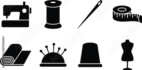 Tableau sur toile Sewing and Tailoring Tools Silhouette Icon Set for Fashion Design and Crafting