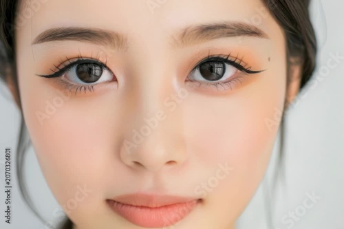 目を閉じて微笑む女性のまつ毛クローズアップ美容動画