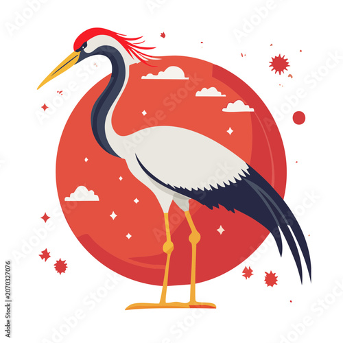 Flat illustration of a red-crowned crane bird