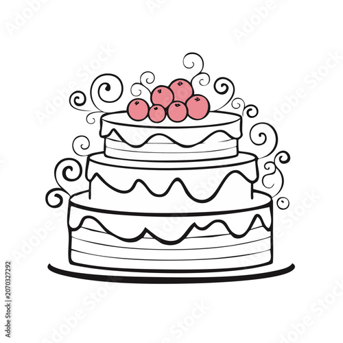 Line art illustration of a three-tier wedding cake with cherries