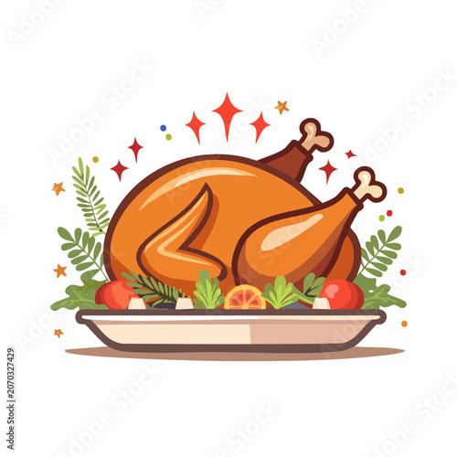 Roast Turkey with Vegetables and Fruits Illustration
