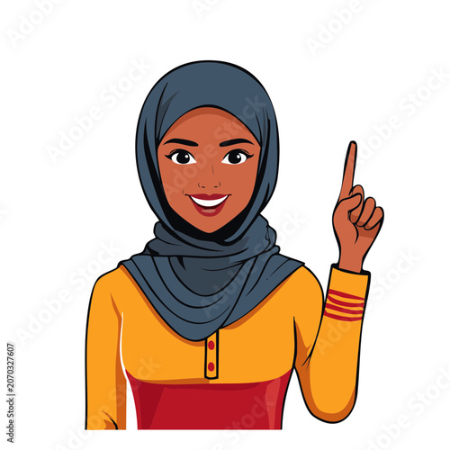 Smiling woman in hijab pointing up, flat vector illustration