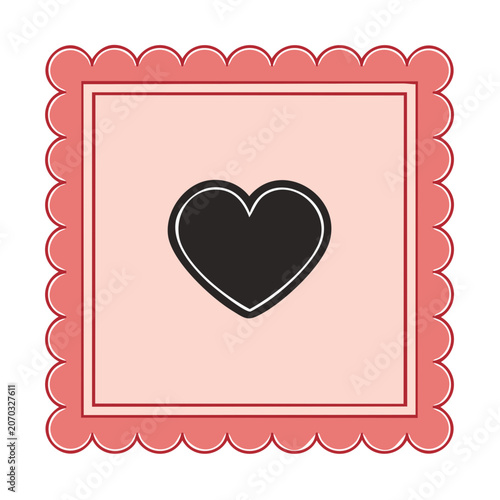 Black heart in pink scalloped frame vector illustration