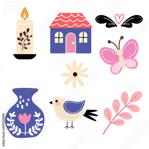 Cute Folk Art Decorative Elements Set with Bird, Butterfly, House, Vase and Floral Icons