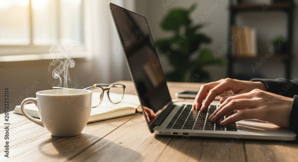 Fototapeta premium Hands typing on a laptop next to a steaming cup of coffee