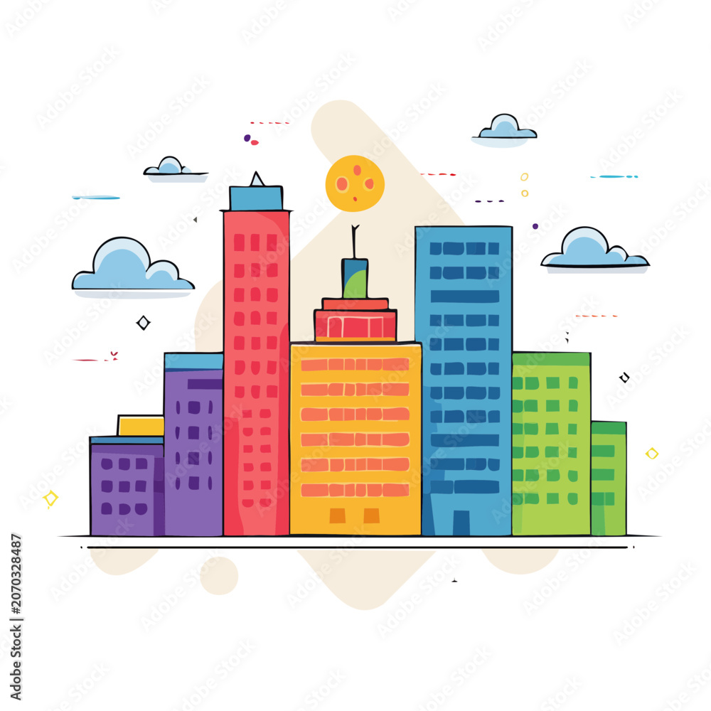Fototapeta premium Colorful flat city skyline with sun and clouds