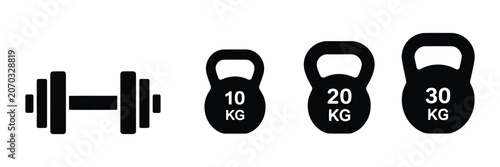 dumbbell and kettlebell icon set, weightlifting and fitness equipment collection, gym training and bodybuilding concept, simple black silhouette vector design isolated on white background.