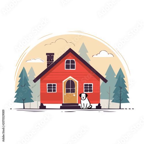 Red cabin house with dog in forest illustration