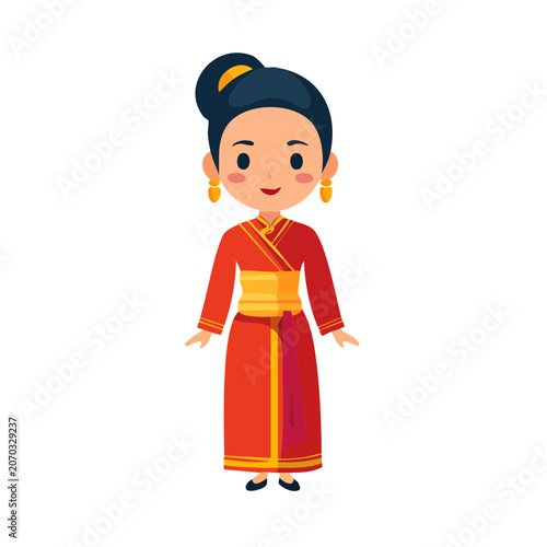 Woman in Traditional Red Dress Flat Vector Illustration