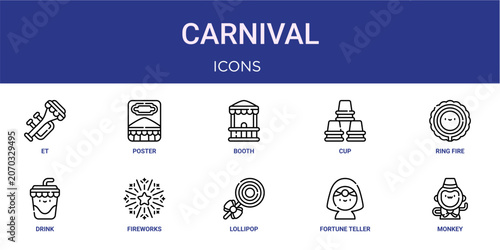 Bild auf Leinwand Set of 10 outline web Carnival icons such as monkey, fortune teller, lollipop, f