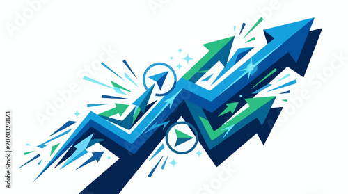 A vibrant graphic illustration of multiple blue and green arrows pointing upward