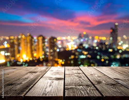 Rustic Wooden Table Overlooking Blurred City Skyline at Colorful Sunset