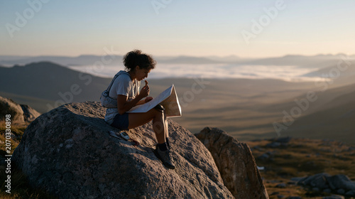 rogaining solo competitor seated on granite boulder eating energy food and recalculating route, map weighted by compass on knee, remote highland setting, morning mist over valley