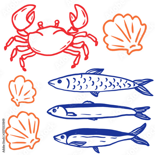 Sea Life Line Art Clipart Set, Fish Crab Shell Outline Collection, Hand Draw Marine Coastal Illustrations