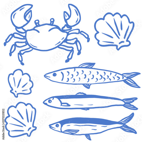 Sea Life Line Art Clipart Set, Fish Crab Shell Outline Collection, Hand Draw Marine Coastal Illustrations