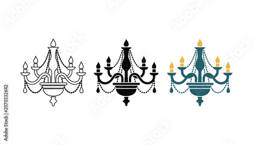 Konstfotografi Three chandelier icons featuring outline solid black and blue and gold luxury li