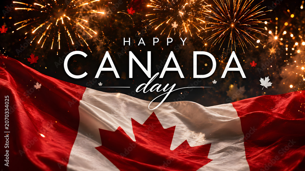Fototapeta premium Happy canada day celebration with fireworks and canadian flag background