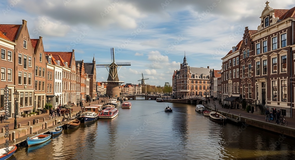 Obraz premium Canal waterway with historic architecture and windmills under a cloudy sky