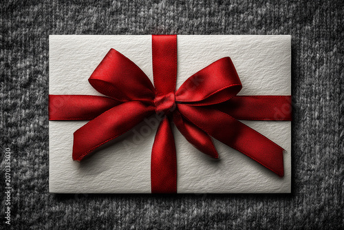 Corrugated white wrapped present package decorated by silk red ribbon with bow, natural grey wool fabric background - top view