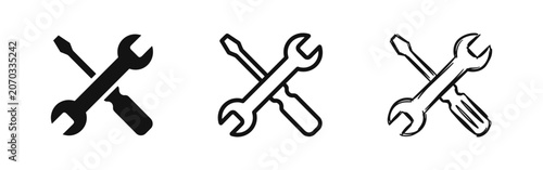 Cuadro en lienzo Tool repair icon set, screwdriver and wrench crossed, silhouette, outline, and s