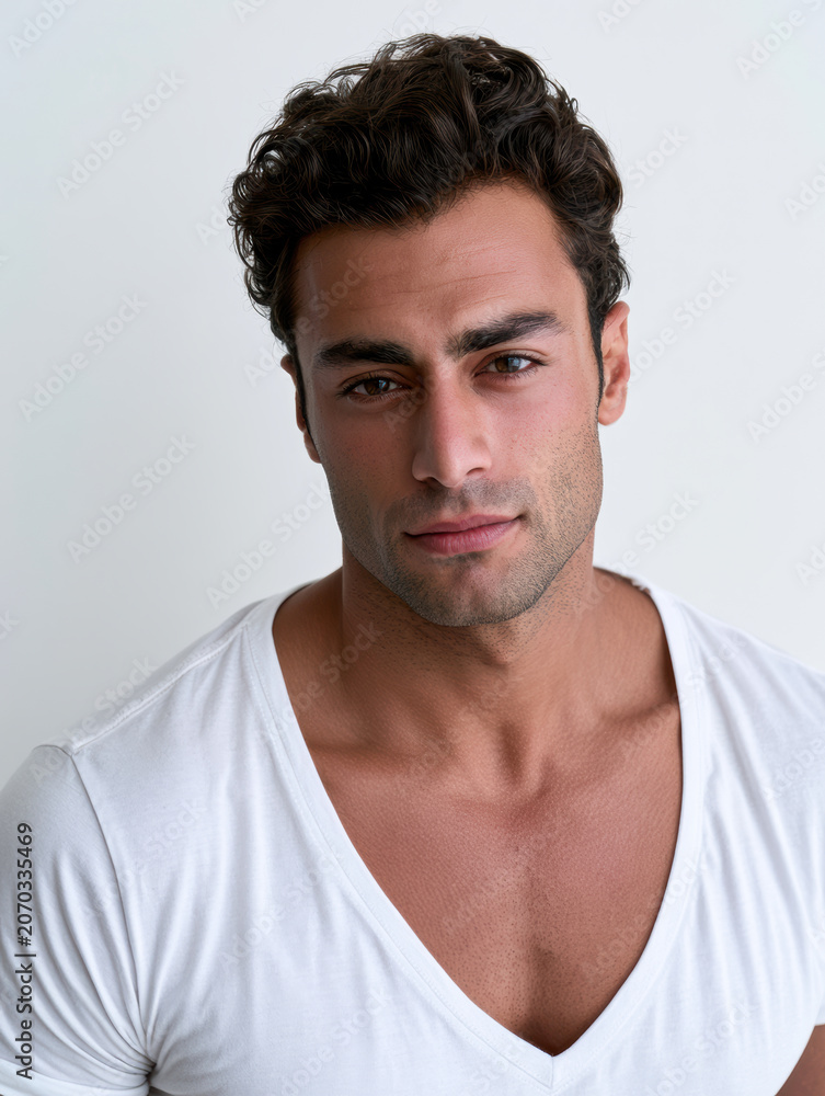 Fototapeta premium Confident young man with curly dark hair, strong jawline, wearing white v neck shirt, looking at camera, studio portrait, neutral background