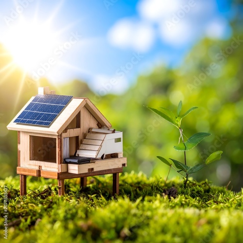 Miniature Wooden House with Solar Panel Standing on Moss in Bright Sunny Garden