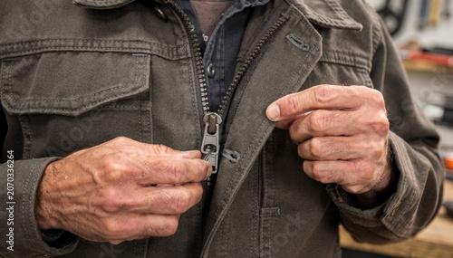Medium frame showing the attachment of a twoway zipper to a rugged work jacket demonstrating versatility in functionality and reinforced sewing for demanding environments.