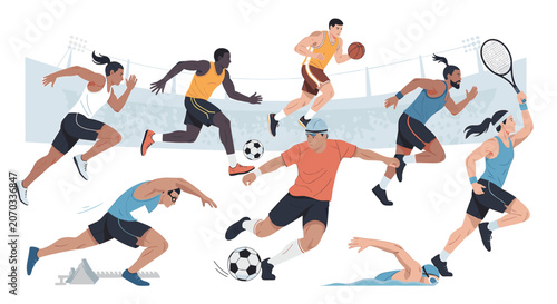 Canvastavla Group of diverse athletes participating in various sports activities including running soccer basketball swimming and tennis