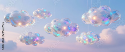 Iridescent cloud decorations with internal light sparkle against a soft pastel sky. Use: party decoration, children's room, fantasy art.