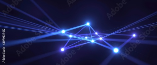 Abstract glowing blue network of lights and beams on a dark background. Use: technology website, science presentation, digital art.