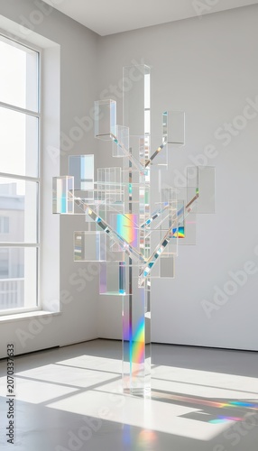 Geometric sculpture with rainbow light refraction in a minimalist room. Use: art gallery, interior design, abstract concept.