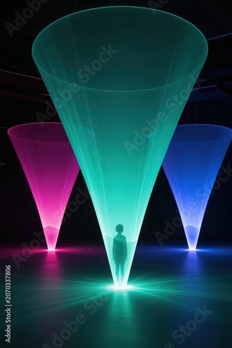 Silhouetted figure stands within glowing turquoise cone surrounded by magenta and blue light cones. Use: art installation, exhibition, contemporary...