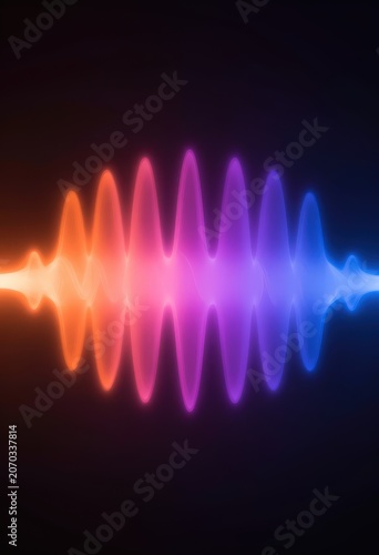 Glowing neon sound wave graphic with orange, pink, and blue hues on a dark background. Use: digital art, abstract background, music visualization.