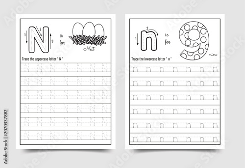 Alphabet letter n handwriting practice worksheet for preschool and kindergarten education with alphabet handwriting practice worksheet