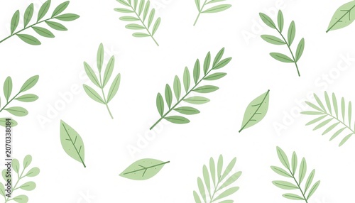 Collection of scattered green leaves on a white background, retro style. Use: greeting card, stationery design, summer invitation.