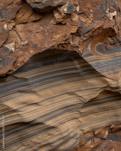 Close-up of weathered layered rock formations with distinct brown and dark gray strata. Use: geological study, natural texture, background design.