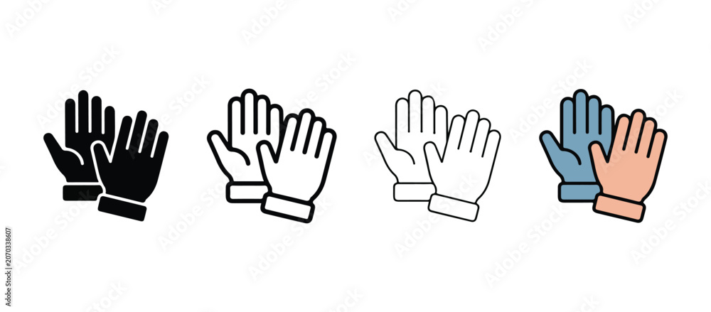 Fototapeta premium Four pairs of gloves in different colors on white background hand protection various glove styles