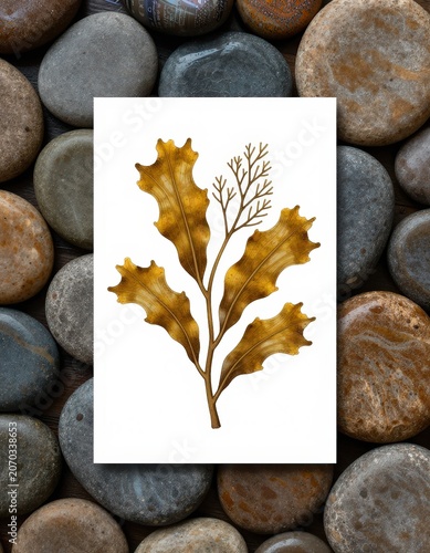 Vintage illustration of golden brown kelp with branching fronds on a white background, surrounded by smooth stones. Use: coastal decor, botanical p...