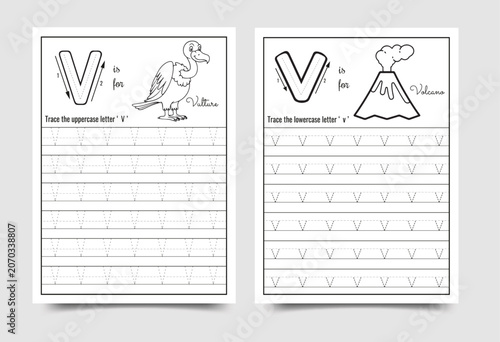Alphabet letter v handwriting practice worksheet for preschool and kindergarten education with alphabet handwriting practice worksheet