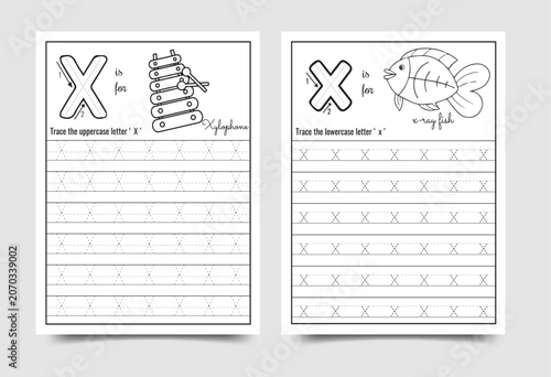 Alphabet letter x handwriting practice worksheet for preschool and kindergarten education with alphabet handwriting practice worksheet