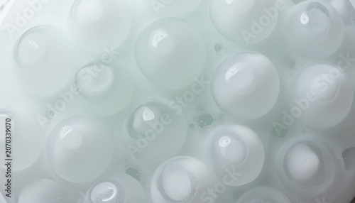 Close-up of translucent white bubbles and foam, abstract retro aesthetic Use: beauty product packaging, abstract art print, spa advertisement.