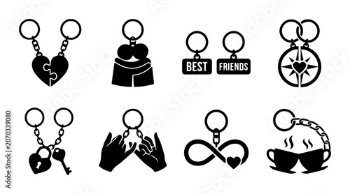 Friendship Keychains, Best Friends Icons, Heart Puzzles, Infinity Symbols, Coffee Cups, Vector Set