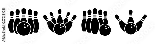 Bowling Pins and Ball Icons: Strike, Spare, and Split Set, Vector Graphics